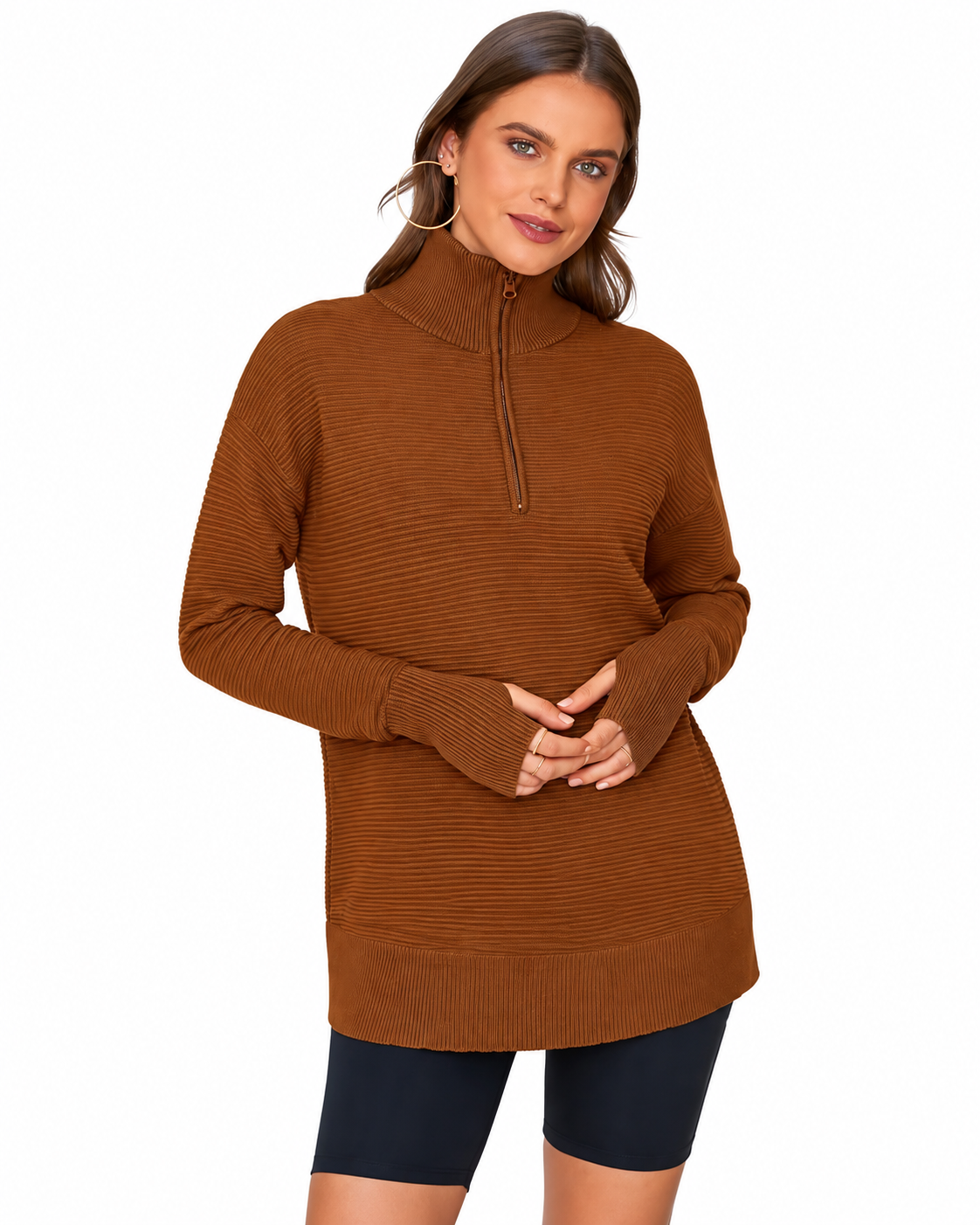 Women's Ribbed Knit Quarter-Zip Pullover Sweater