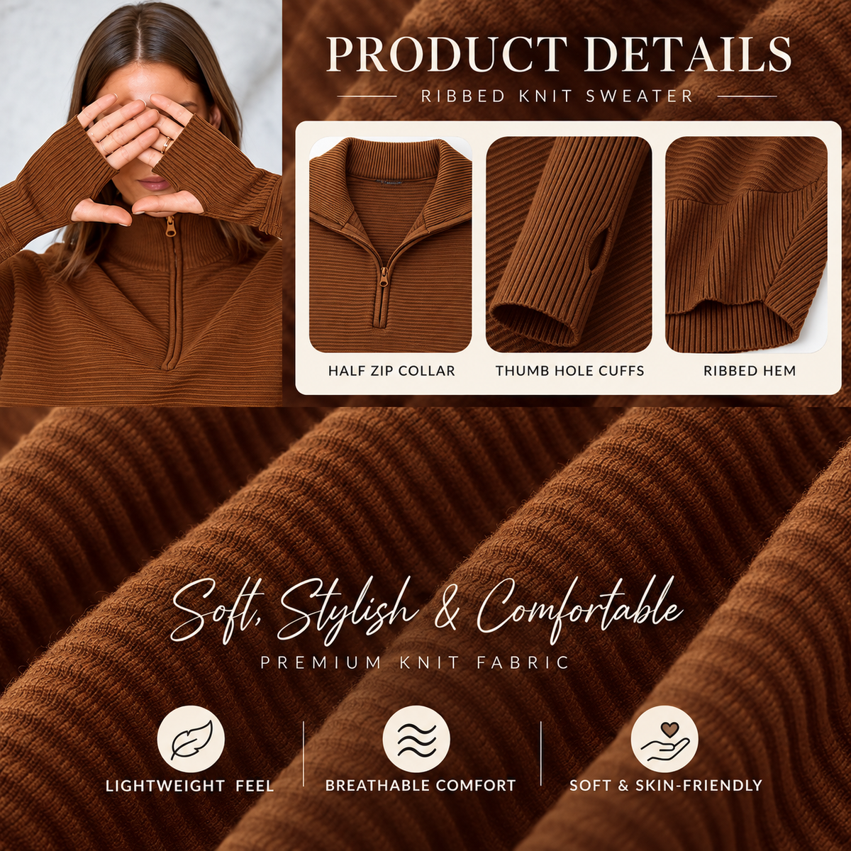 Women's Ribbed Knit Quarter-Zip Pullover Sweater