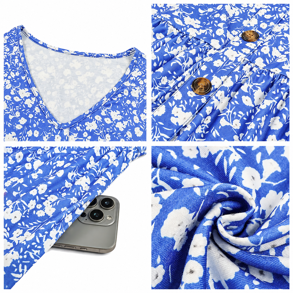 Women’s Floral V-Neck Long Sleeve Midi Dress with Pockets – Casual Button Front A-Line Dress