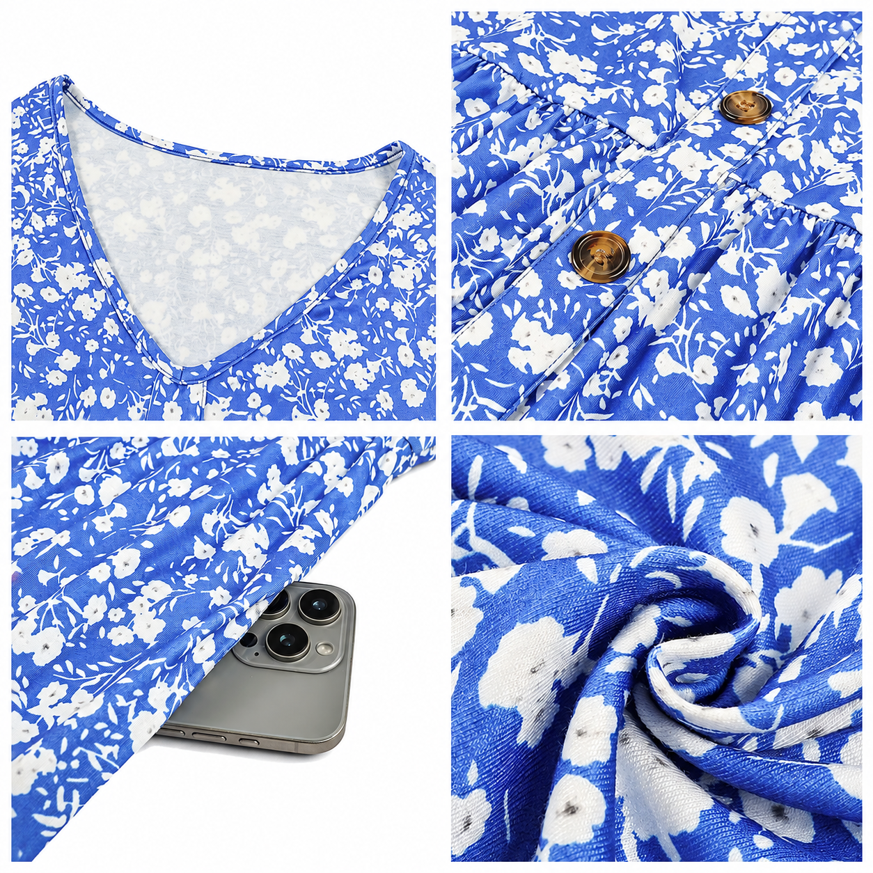 Women’s Floral V-Neck Long Sleeve Midi Dress with Pockets – Casual Button Front A-Line Dress