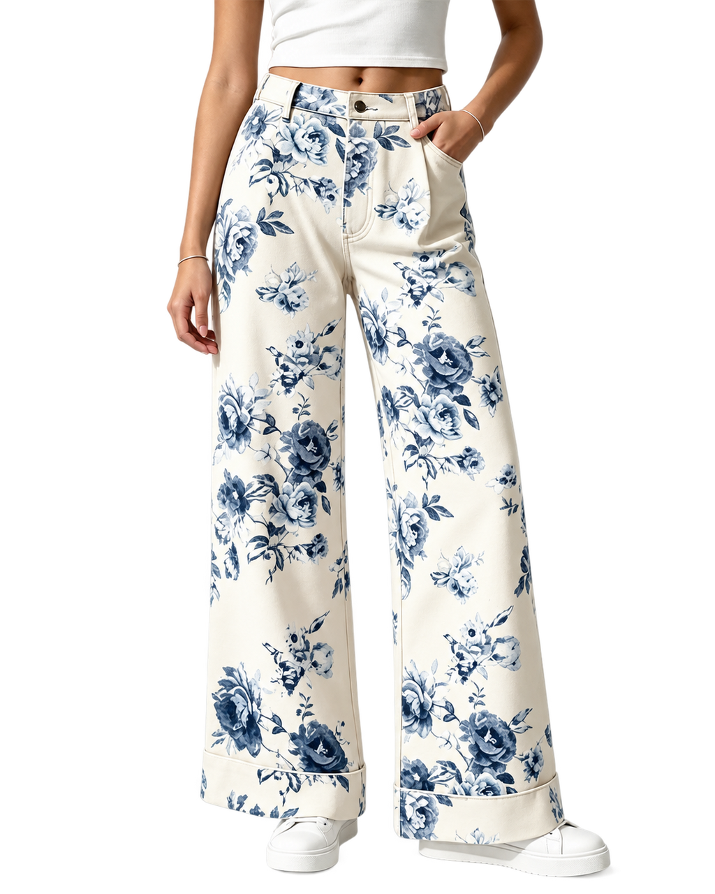 Women’s Floral Print Wide Leg Jeans Long Casual Denim Pants