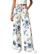 Women’s Floral Print Wide Leg Jeans Long Casual Denim Pants
