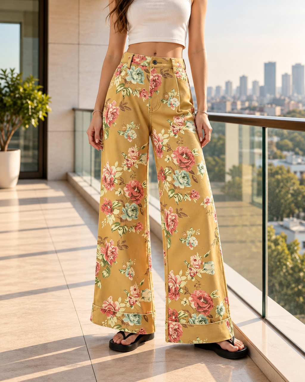 Women’s Floral Print Wide Leg Jeans Long Casual Denim Pants
