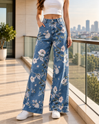 Women’s Floral Print Wide Leg Jeans Long Casual Denim Pants